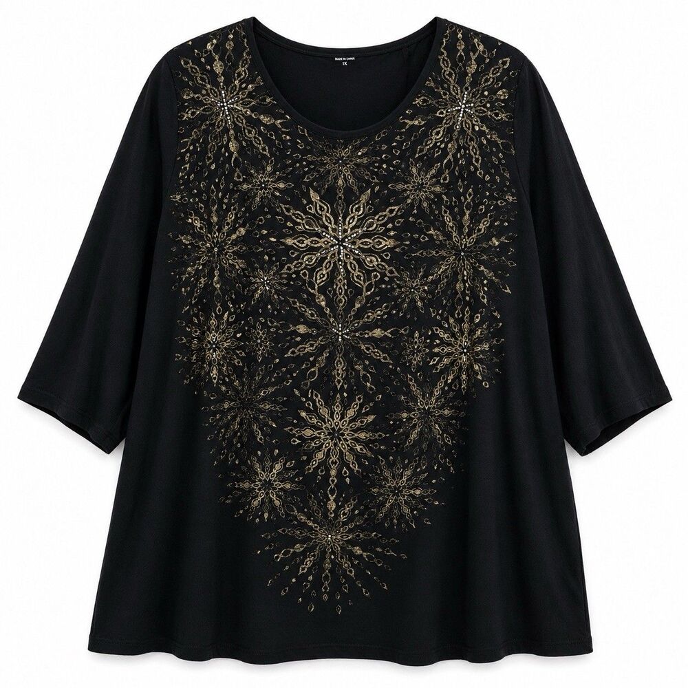 Catherines 1X Black Gold Embellished Tunic Top 3/4 Sleeve Plus Size Glam